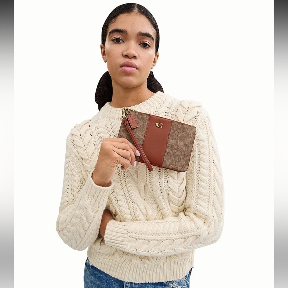 Coach Small Signature Canvas Leather Wristlet, Tan Caramel